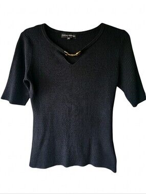 CATHERINE MALANDRINO Black Short Sleeve Ribbed Keyhole Blouse Sweater Sz M